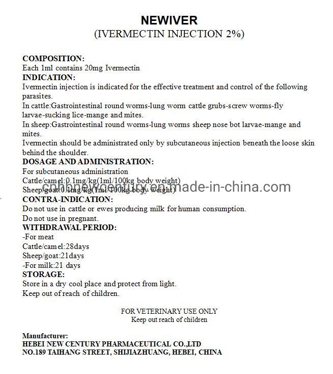 Ivermectin Injection 2% Veterinary Medicine for Cattle Sheep Goats GMP Factory