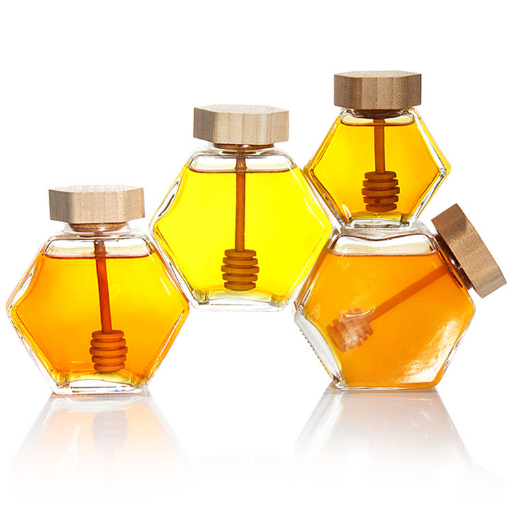 Professionally Sold 250g, 500g, 1000g Empty Honey Bottles, Transparent Honey Combs, Glass Honey Jars with Wooden Lids, Spoons, and Spatulas.