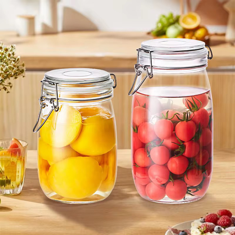 Wholesale Kitchen Family Aggregate Clear Hermetic Glass Bottle Food Store and 500ml 1000ml 1500ml 2000ml 3000ml Buckle Storage