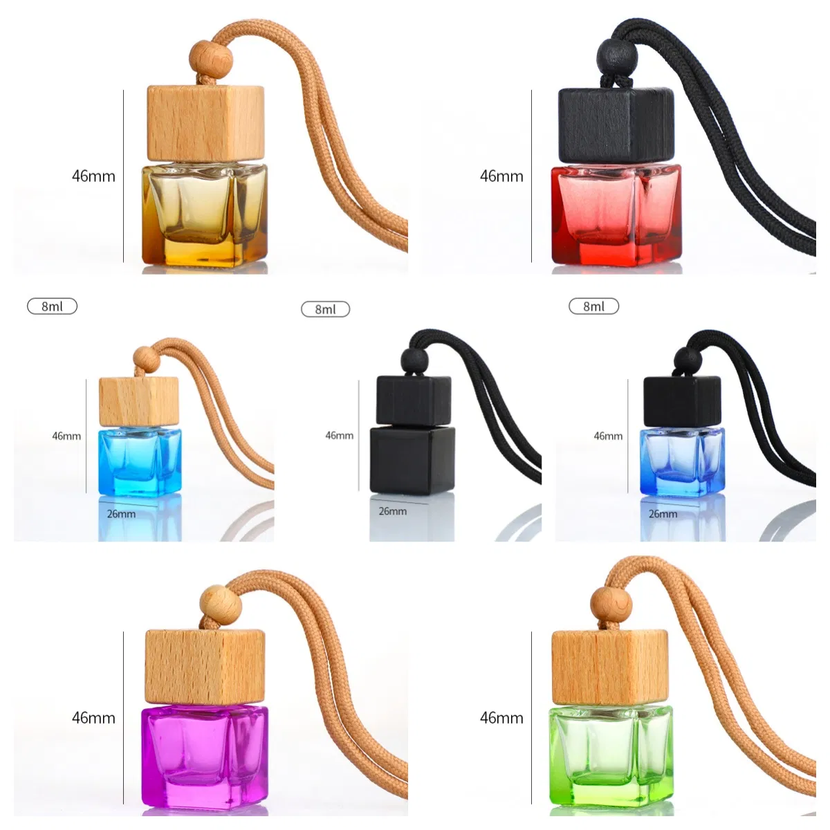 8ml Square Pendant Perfume Bottle Colored Empty Glass Car Air Freshener Portable Aromatherapy Essential Oil Diffuser
