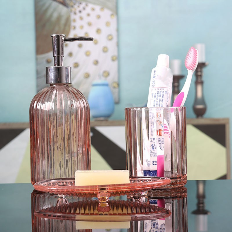 Hot 400ml Stripe Embossing Round Shape Colorful Shampoo Body Lotion Hand Sanitizer Glass Bottle with Pump