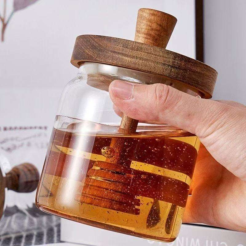 Mini 500ml Hollow Transparent Round Borosilicate Glass Honey Jar with Wooden Bucket Lid