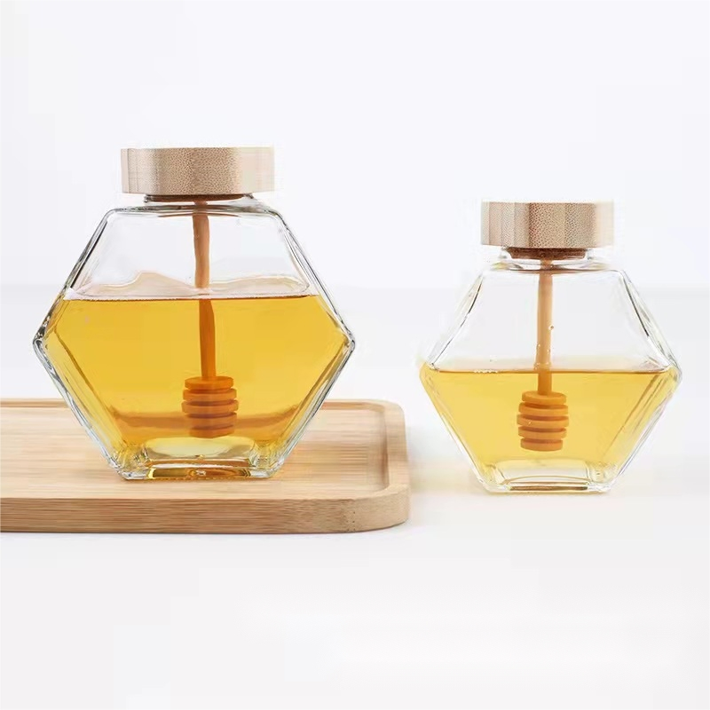 Wholesale Honey Jars, Jam, Pickle, Jelly Food Jars, 100ml, 200ml, 380ml, Hot Selling Unique Hexagonal Wooden Cap Glass Honey Jars.