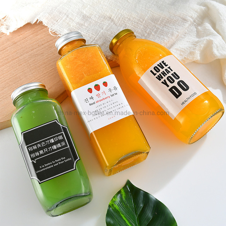 500ml Clear Round Square Glass Beverage Bottle for Juice with Metal Lid