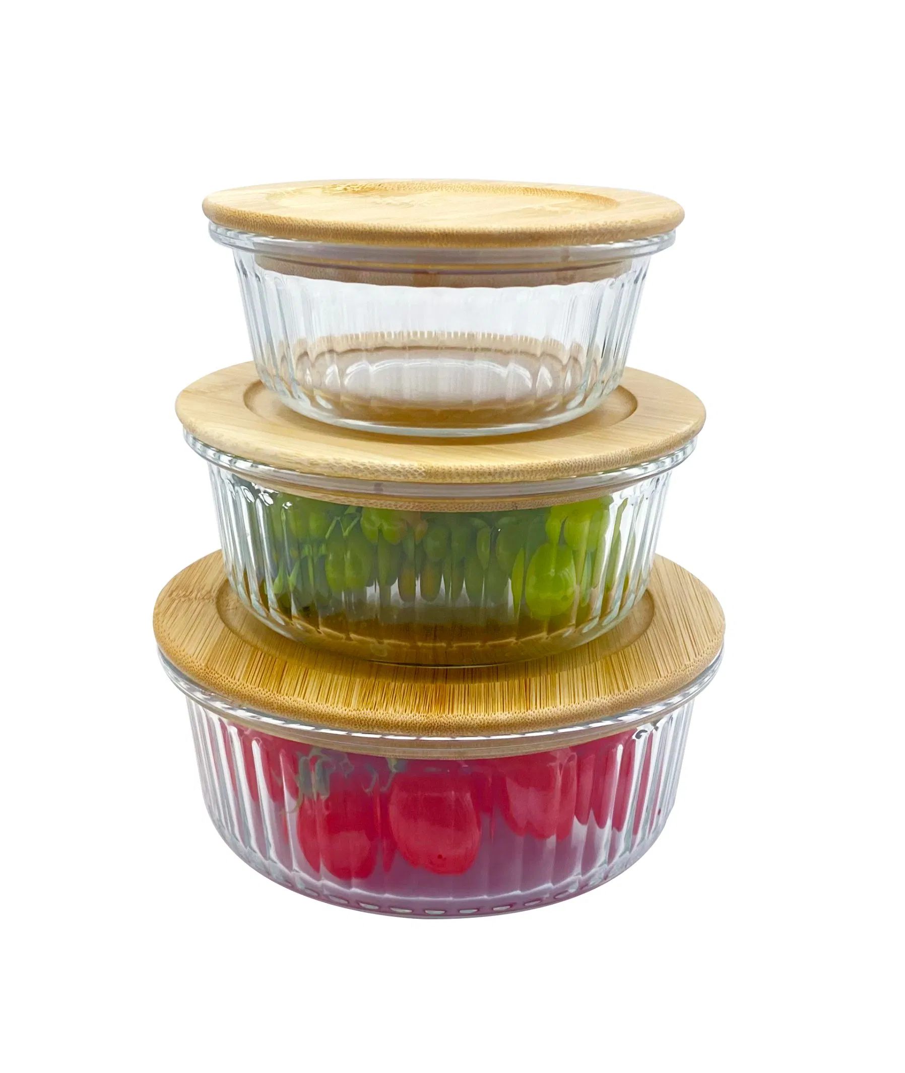Wholesale Striped Glass Food Storage with Bamboo Concave Top, 640ml Large Capacity for Bulk Food Prepping