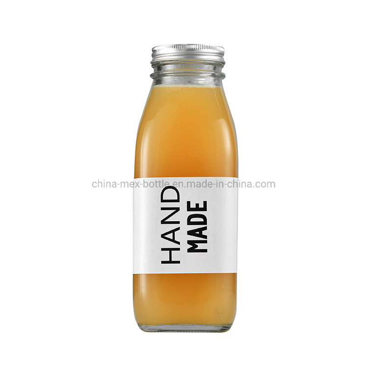 500ml Clear Round Square Glass Beverage Bottle for Juice with Metal Lid