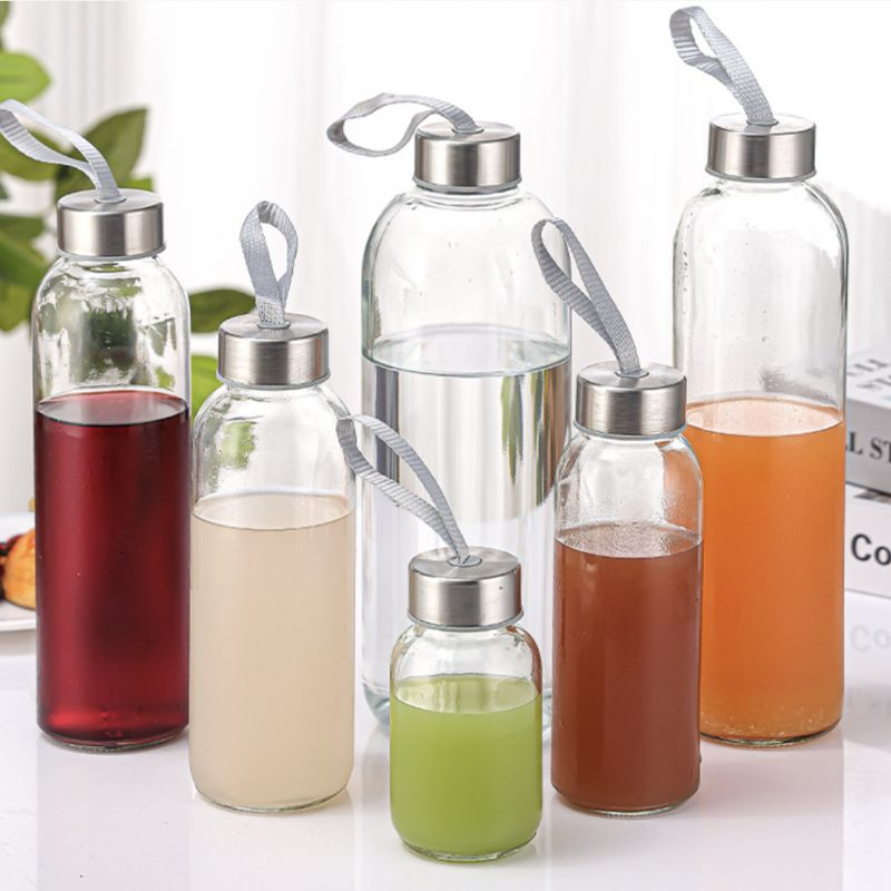 Glass Water Bottle with Bamboo/Stainless Steel Lid Juice Beverages Bottles