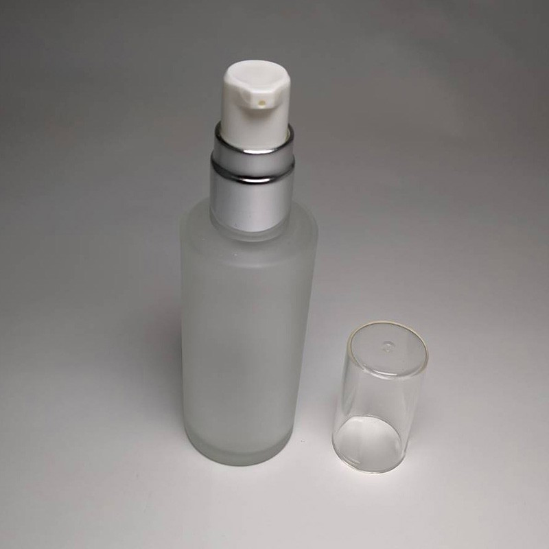 Best Deal 50ml Cylinder Shape Matte Finish Glass Bottle 18/415 Neck Size with Cosmetic Lotion Pump Transparent Cap