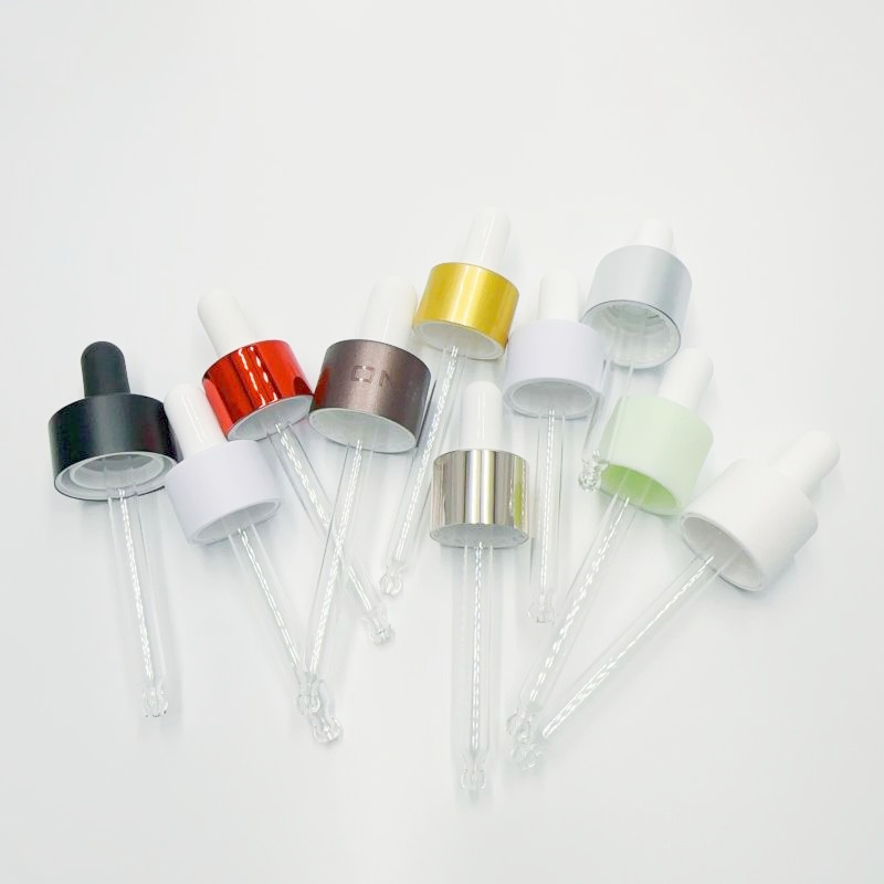 Wuxi Factory 18mm 20mm Custom Made Essential Oil Bottle Electrolytic Aluminum Dropper Cap Assembly 22mm 24mm Aluminum Collar with Rubber Head and Glass Pipette