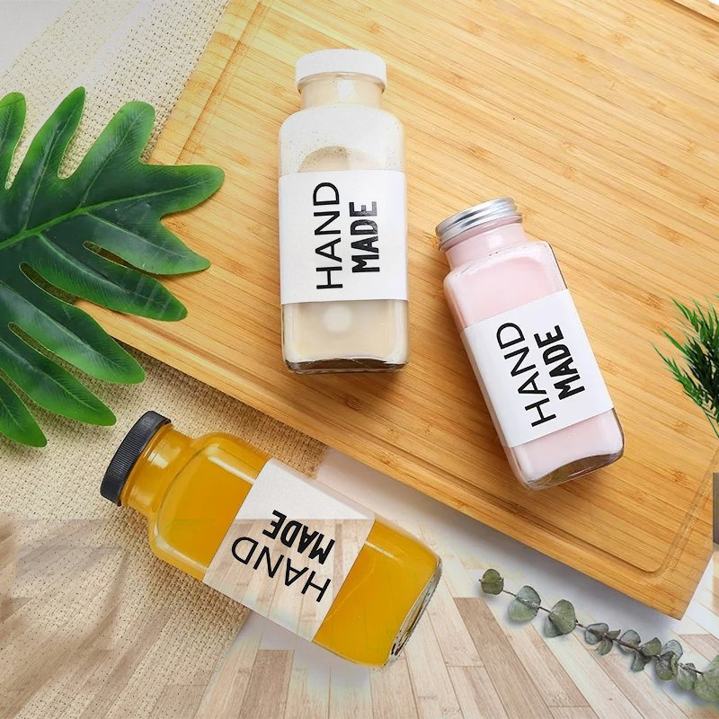 Empty Juice Glass Bottles with Caps Reusable Juice Containers with White Plastic Lids for Juicing Drinks Beverages