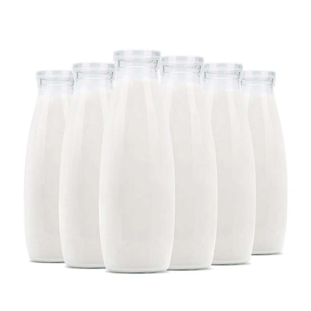 Factory Direct OEM Custom Logo Drinking Bottle Empty Transparent Glass Beverage Milk Bottles with Plastic Lids