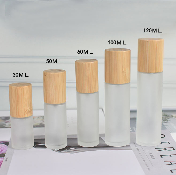 30ml 50ml 60ml 80ml 100ml 120ml Cylinder Shape Glass Frosted Bamboo Lotion Pump Bottle