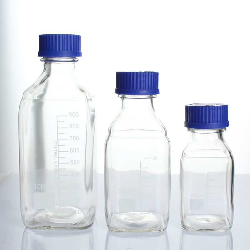 1000ml High Borosilicate Glass Clear Square Reagent Bottle with Blue Screw Cap