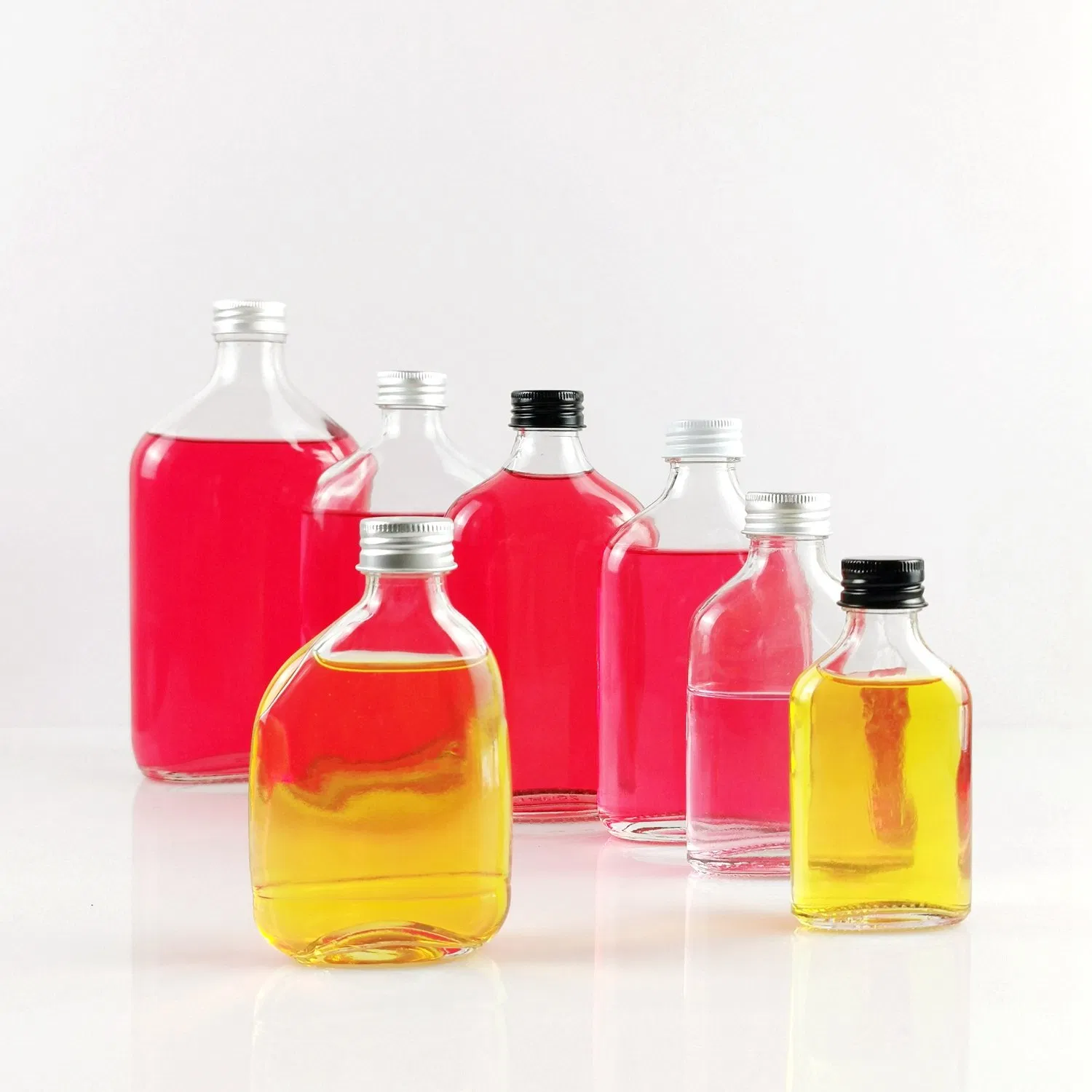 Factory Wholesale 50ml 100ml 200ml 250ml 350ml 500ml Empty Spirits Liquor Flat Flask Coffee Juice Beverage Cold Brew Glass Wine Bottle with Aluminum Lids