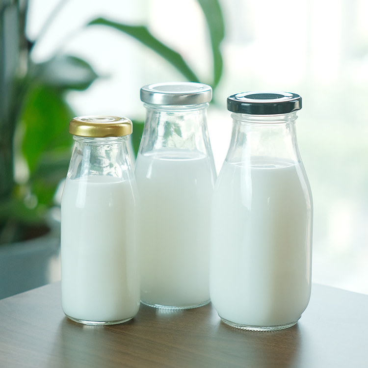 in Stock 8oz 12oz 14oz 32oz Clear Transparent Milk Packaging Glass Milk Bottle for Drinking with Metal Lid