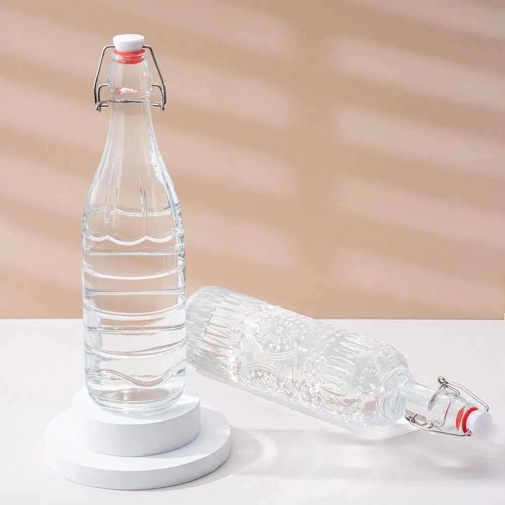 Reusable 1000ml Glass Swing Top Bottle Transparent Round Empty Wholesale Kombucha Fermentation Bottle with Airtight Lid