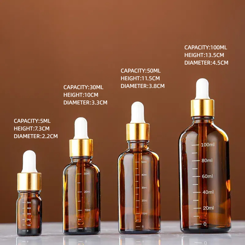 Cosmetic Packaging Bottles Essential Oil Glass Amber Green Blue Colour Dropper Bottle with Dropper Cap Aluminum Lid Graduated Pipetee Scale