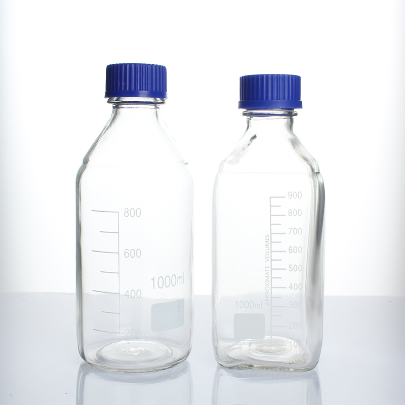 1000ml High Borosilicate Glass Clear Square Reagent Bottle with Blue Screw Cap