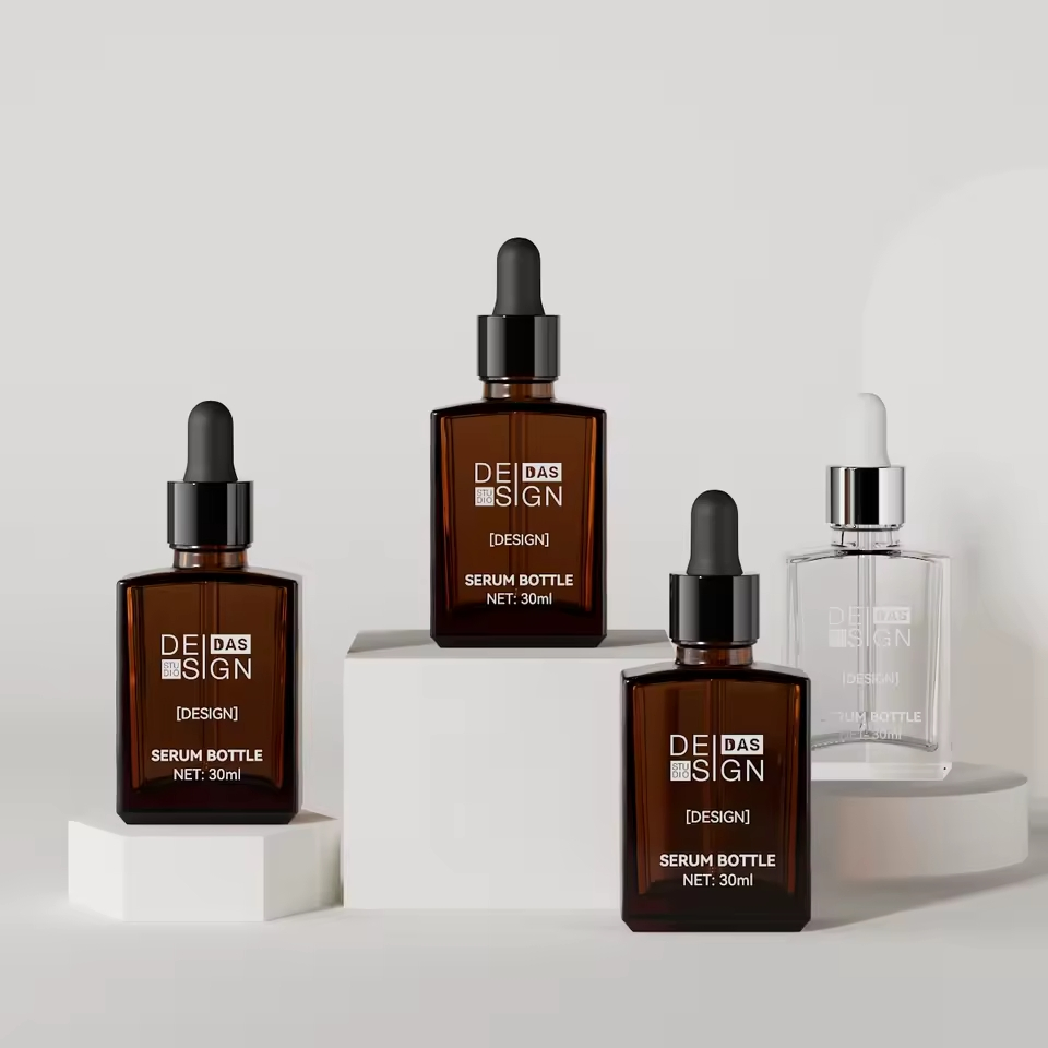 Supplier Cosmetic Flat Shoulder Rectangle Black Glass Serum Essential Oil Oil Bottle with Dropper and Box