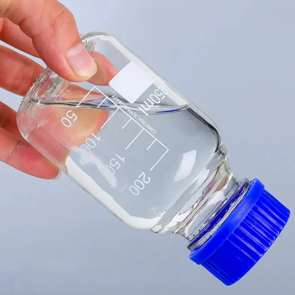 Chemical Glassware Glass Clear Square Reagent Bottle with Blue Screw Cap 250ml 500ml 1000ml