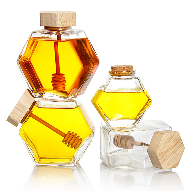 Wholesale Honey Jars, Jam, Pickle, Jelly Food Jars, 100ml, 200ml, 380ml, Hot Selling Unique Hexagonal Wooden Cap Glass Honey Jars.