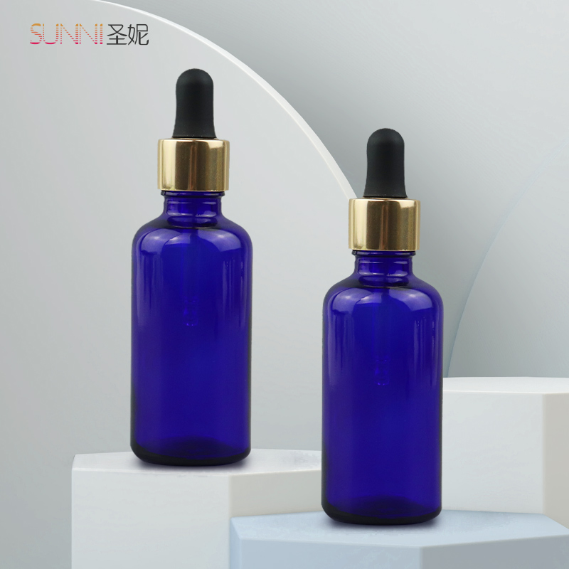 50ml blue Glass Drop Scrum Bottle with Gold Dropper