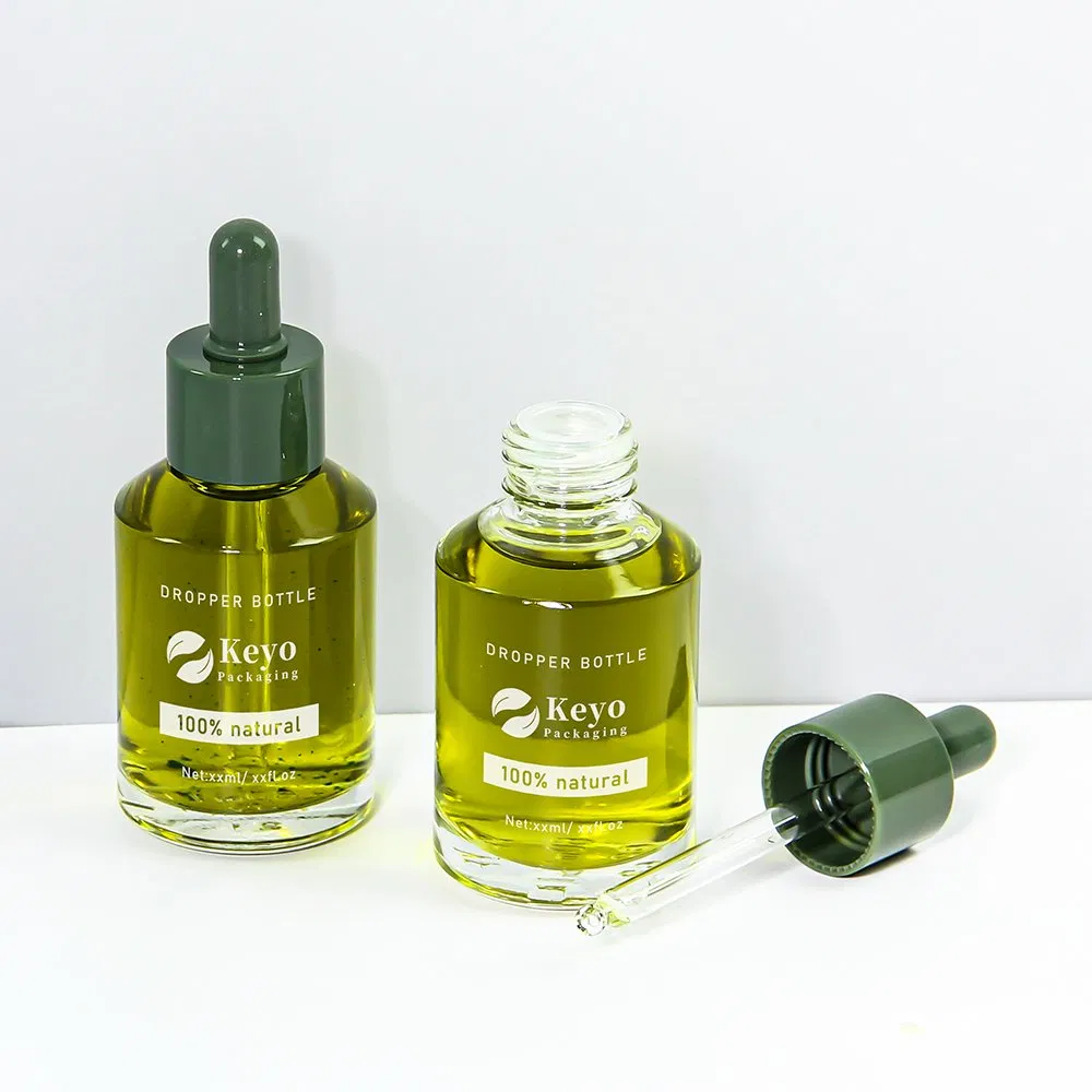 High Quality 60ml Olive Green Glass Serum Dropper Bottle Customize Empty Skincare Packaging Hair Oil Bottle