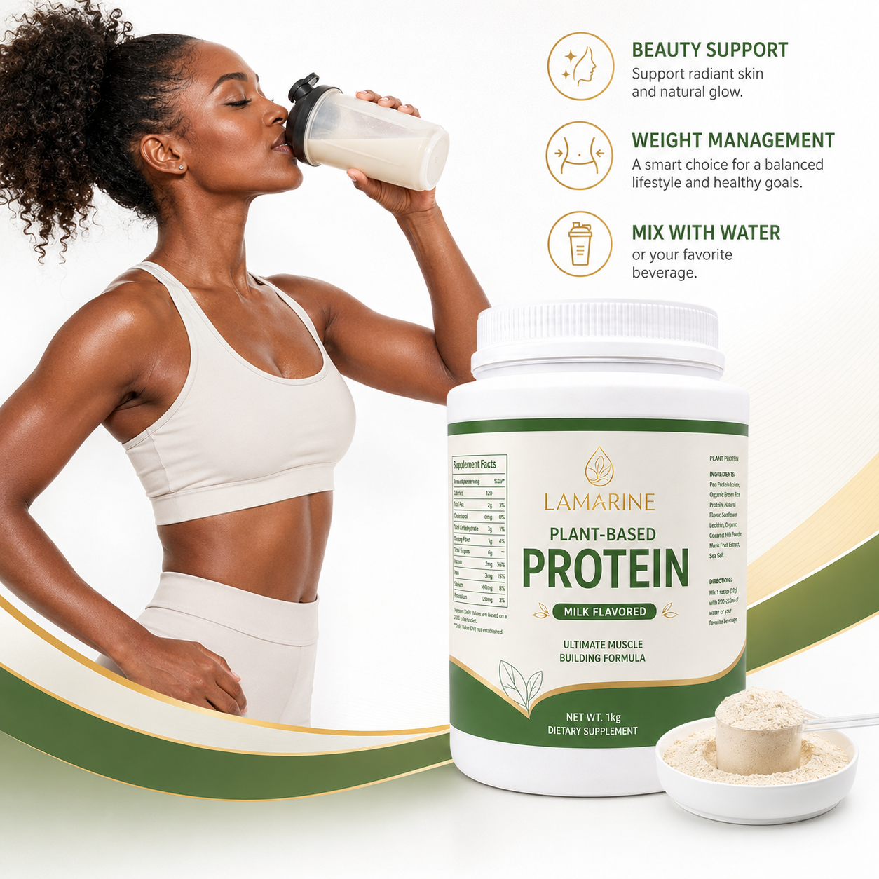 LAMARINE Private Label Supplement Superfoods Green Organic Plant-Based Pea Isolate Vegan Beauty Protein Powder Wholesale