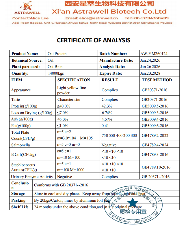 Astrawell High Protein Oat Powder Pure Vegan Plant Protein Isolate Factory Price Oat Protein for Nutrition Supplements