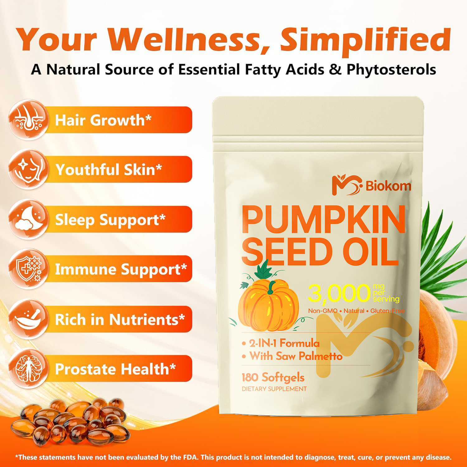 Private Label 2 In 1 Formula 3000mg Pumpkin Seed Oil Softgel With Saw Palmetto Support Hair Growth, Prostate &amp; Urinary Health