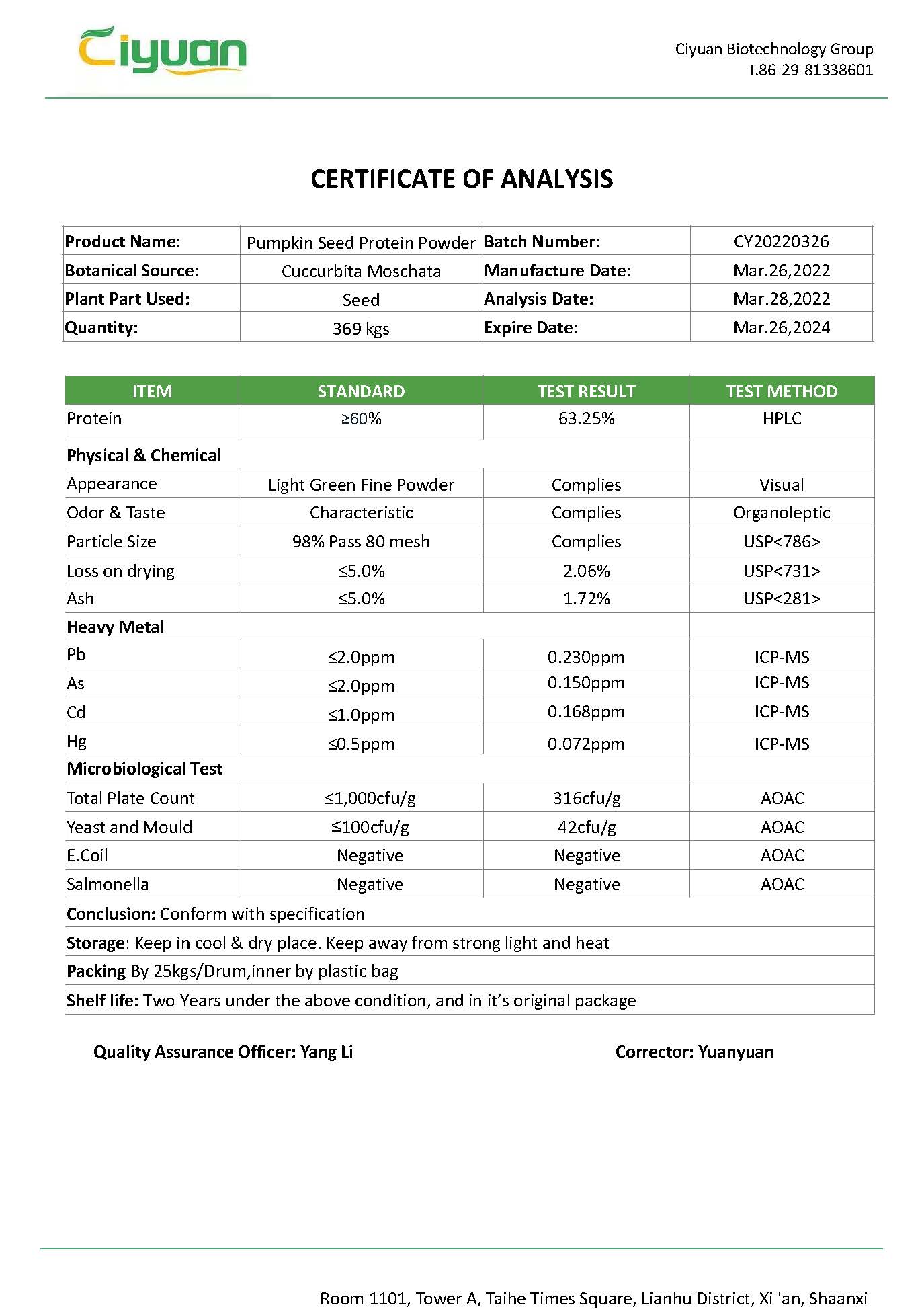 COA of Pumpkin Seed Protein Powder