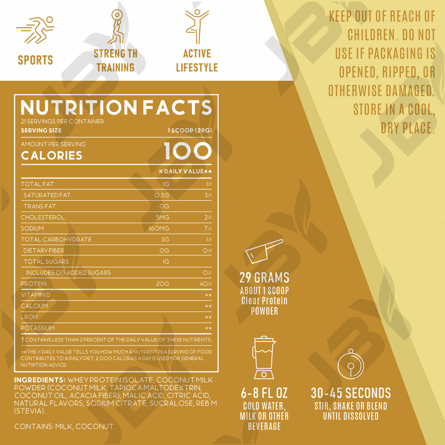 JBY Private Label Clear Protein Powder Coconut Flavor 20g Protein Grass-Fed Free Sugar Clear Whey Isolate Protein Powder
