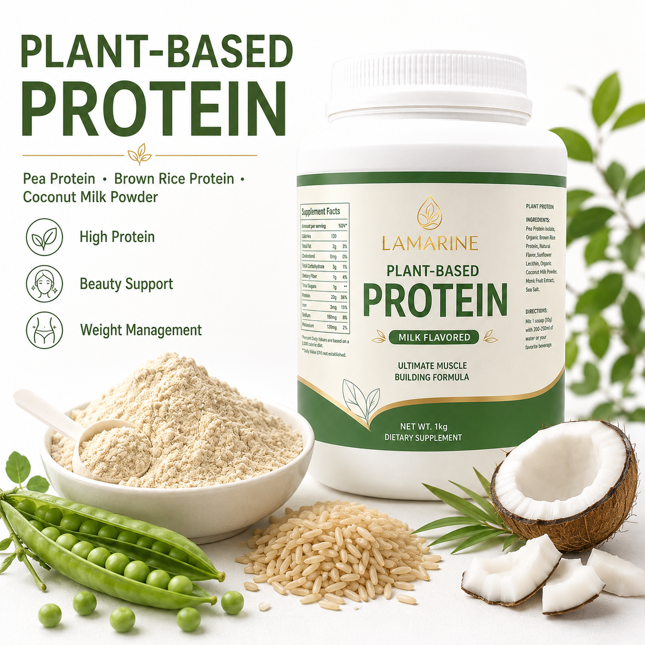 LAMARINE Private Label Supplement Superfoods Green Organic Plant-Based Pea Isolate Vegan Beauty Protein Powder Wholesale