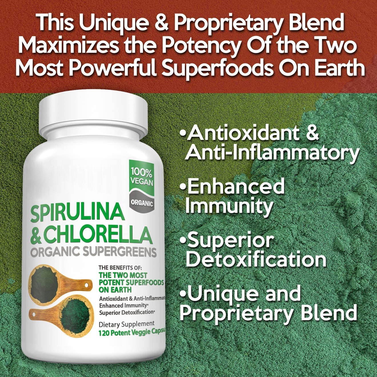 Supply of 120 Capsules Spirulina Chlorella &amp; Chlorophyll Vegetarian Protein Powder Green Super Food for Adults