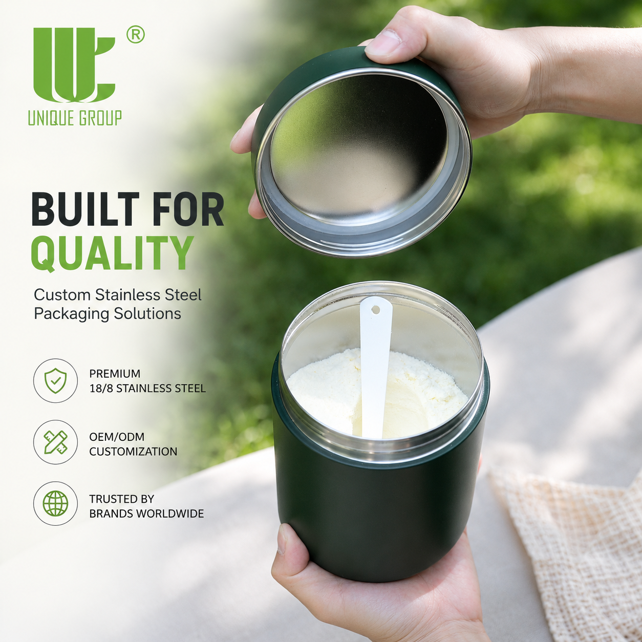 36oz 48oz 70oz Full Stainless Steel Powder Storage Jar Metal Can Airtight Leak-Proof Eco-Friendly Food Container for Protein
