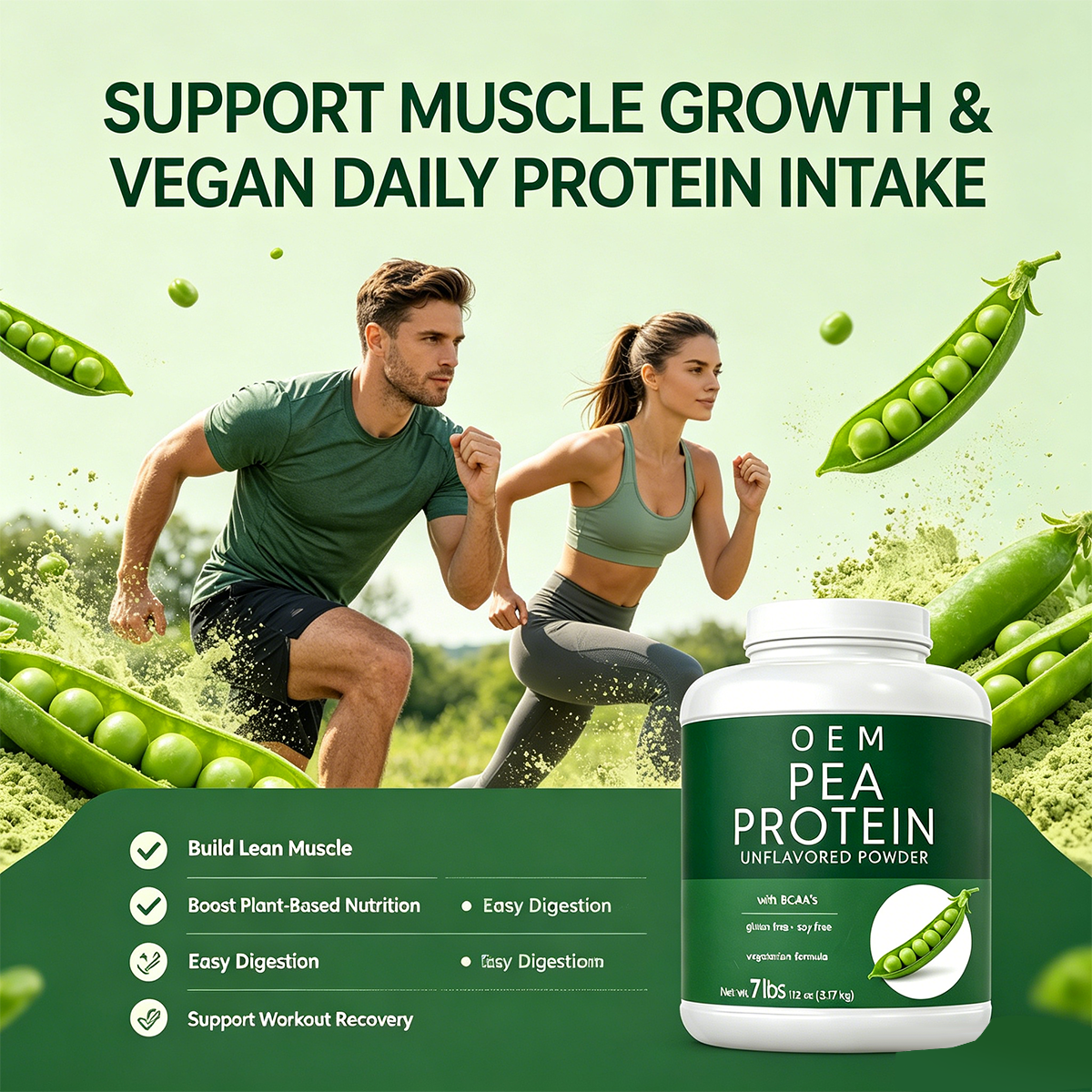 Pea Protein Unflavored Powder with BCAAs. Gluten Free Soy Free Vegetarian Formula. Net Wt 7lbs 3.17 Kg. OEM Supplement