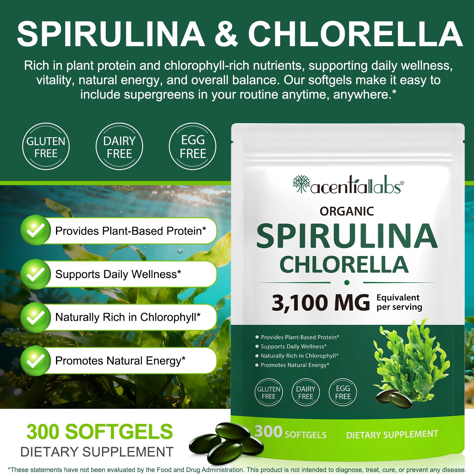 Acentiallabs 300 Softgels Organic Spirulina Chlorella Supplement Rich In Plant-Based Protein For Antioxidant And Immune Support
