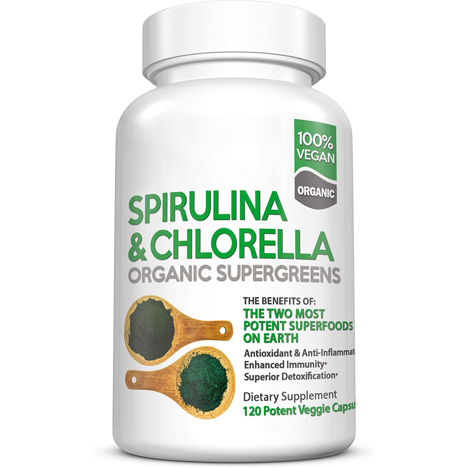 Supply of 120 Capsules Spirulina Chlorella &amp; Chlorophyll Vegetarian Protein Powder Green Super Food for Adults