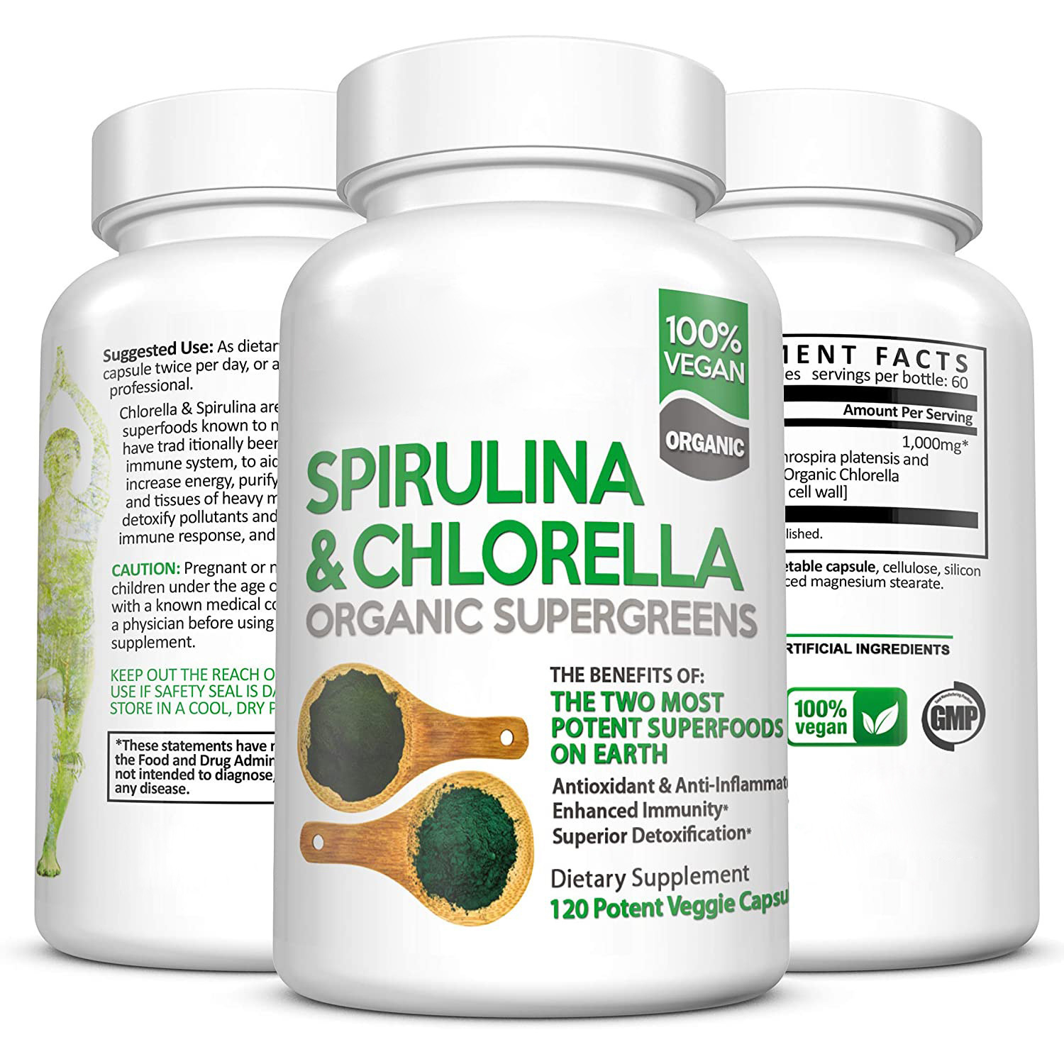 Supply of 120 Capsules Spirulina Chlorella &amp; Chlorophyll Vegetarian Protein Powder Green Super Food for Adults