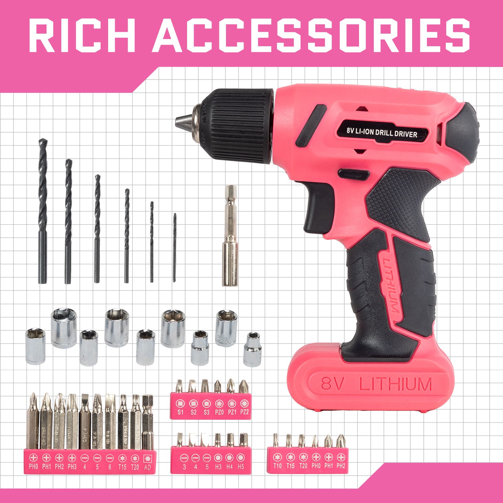 8V Pink Cordless Drill Set 146 Piece Home Tool Kit for House Repair 146 Piece Drill Hand Tool Kit Multi-Tools 64738747