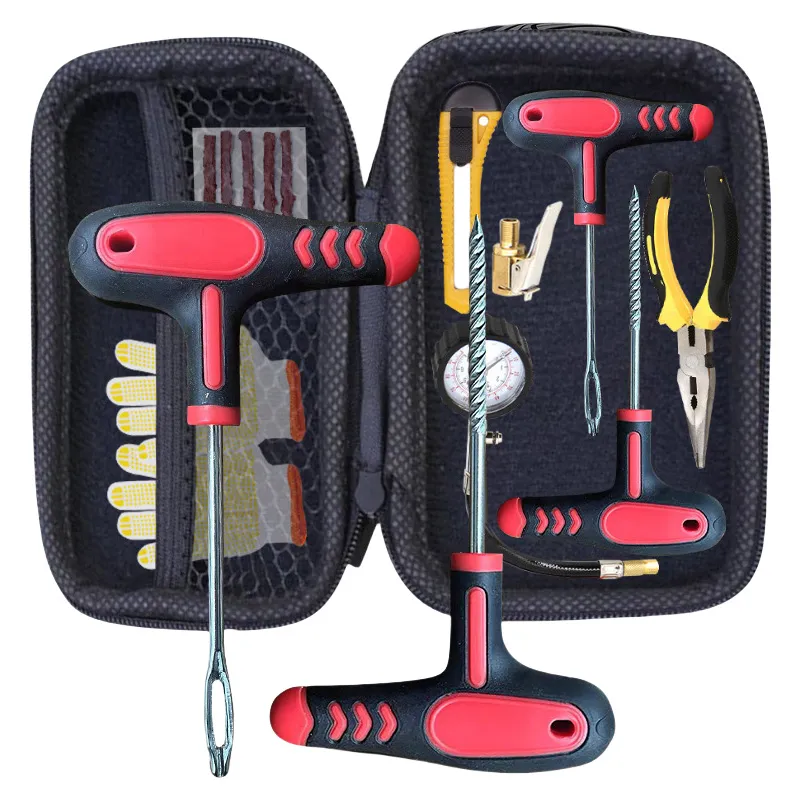 Car Tire Repair Tool Kit Set with Plastic Case for Emergency Puncture Air Leaking