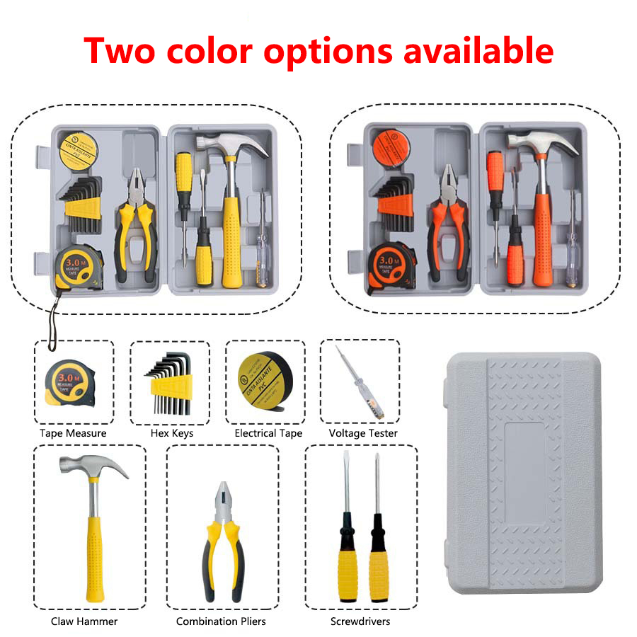 18-Piece Carbon Steel Gift Tool Set-Complete Home &amp; Car Repair Kit with Hard Case Hand Operated Safety Hammer Pliers &amp; Hex Keys