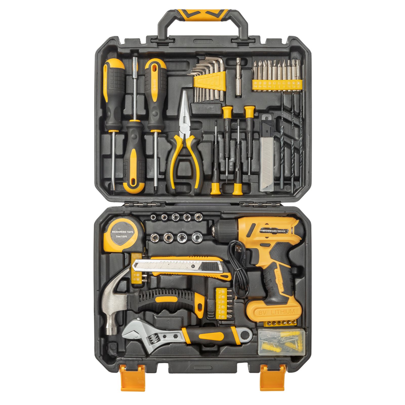 8V Yellow Cordless Drill Set 146 Piece Home Tool Kit for House Repair 64201288 Code Convenient Hand Tool Kit