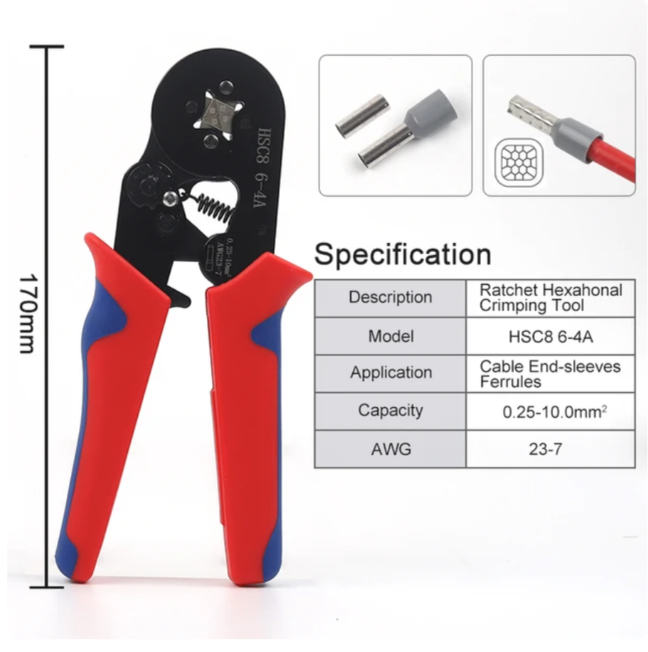 Ferrule Crimping Tools HSC8 6-6A Self-Adjusting Hexagonal Wire Crimper Pliers for 0.25-6mm2(AWG23-10) Electrical Circuit Repair