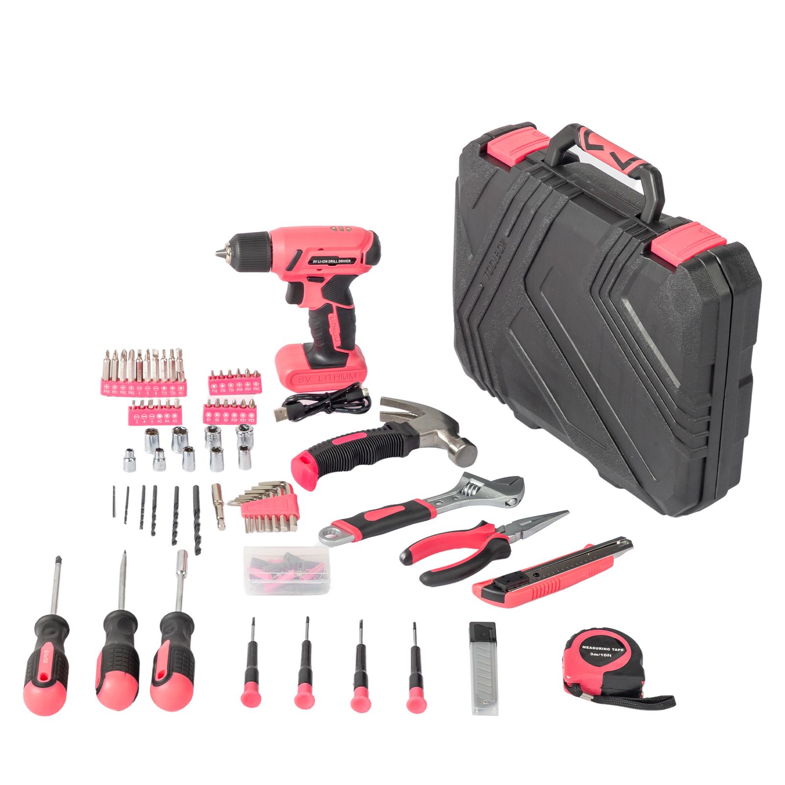 8V Pink Cordless Drill Set 146 Piece Home Tool Kit for House Repair 146 Piece Drill Hand Tool Kit Multi-Tools 64738747