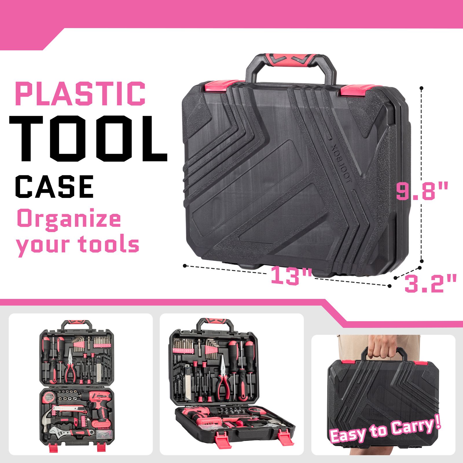 8V Pink Cordless Drill Set 146 Piece Home Tool Kit for House Repair 146 Piece Drill Hand Tool Kit Multi-Tools 64738747