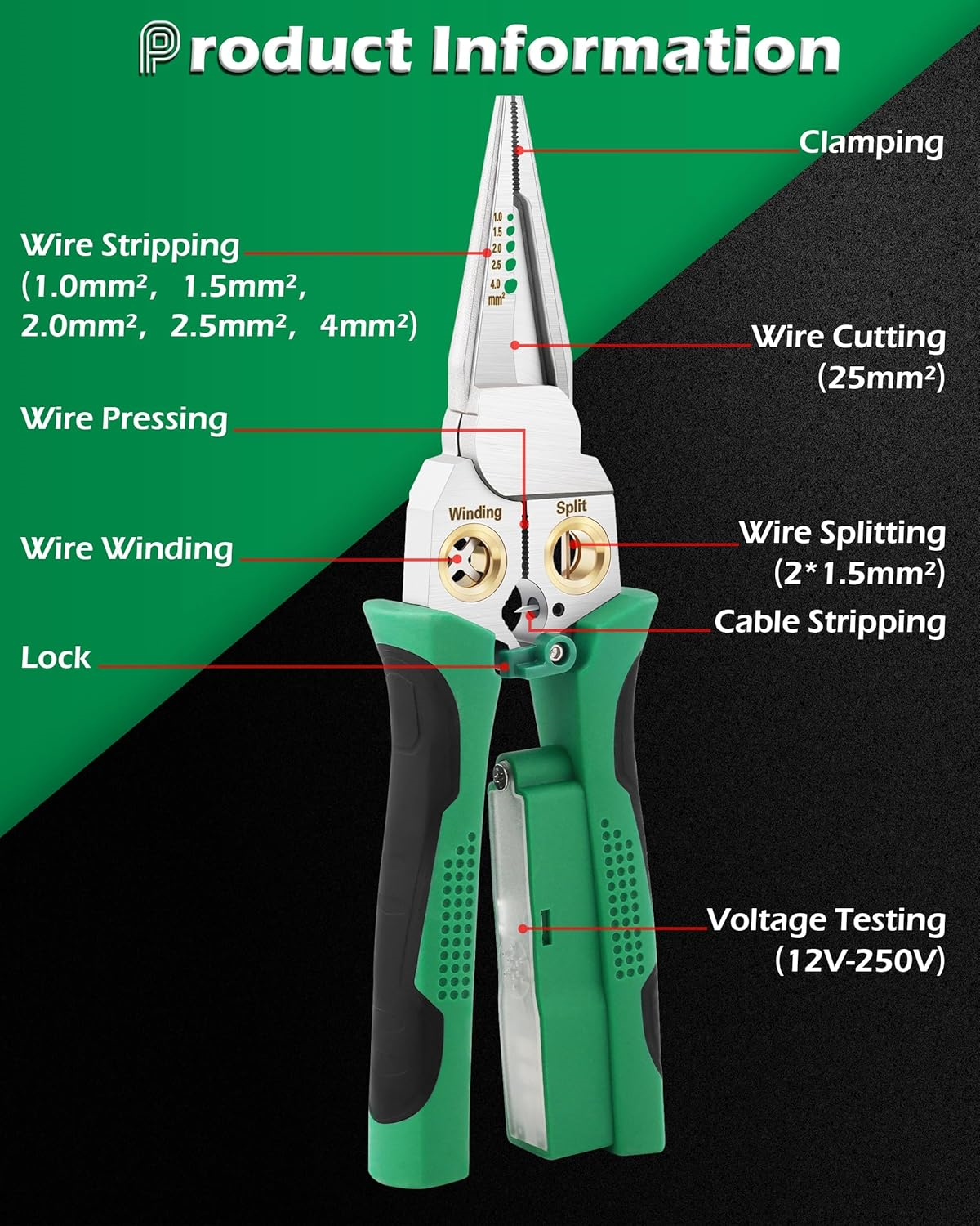 8-in-1 Wire Stripper Pliers with Voltage Tester (12V-250V AC/DC) Electrician Tool for Circuit Repair