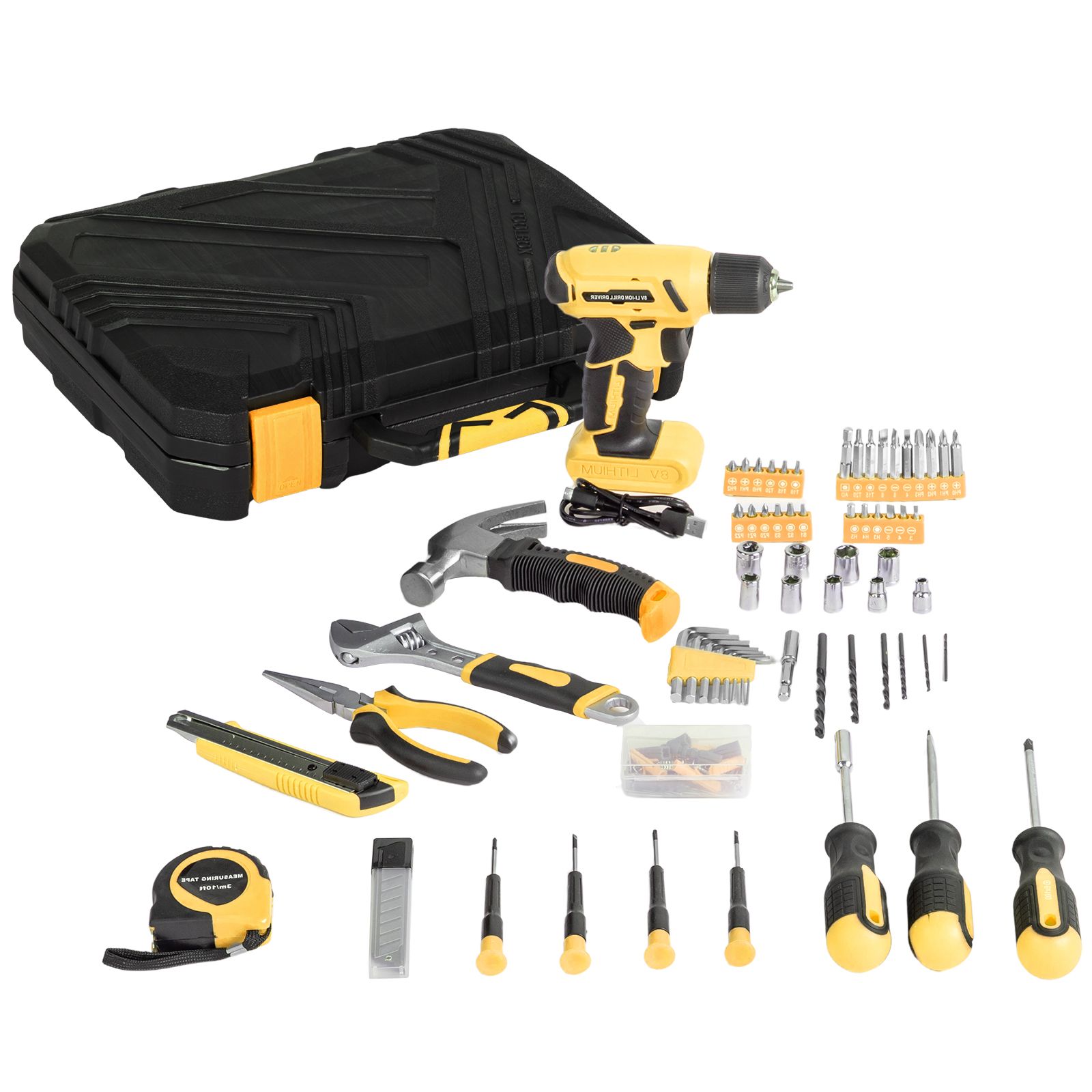 8V Yellow Cordless Drill Set 146 Piece Home Tool Kit for House Repair 64201288 Code Convenient Hand Tool Kit
