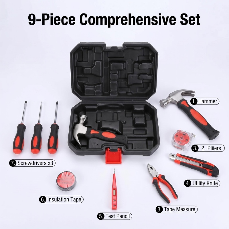 Professional 9 Piece Basic Home Hardware Tool Kit for Emergency Repair and Maintenance