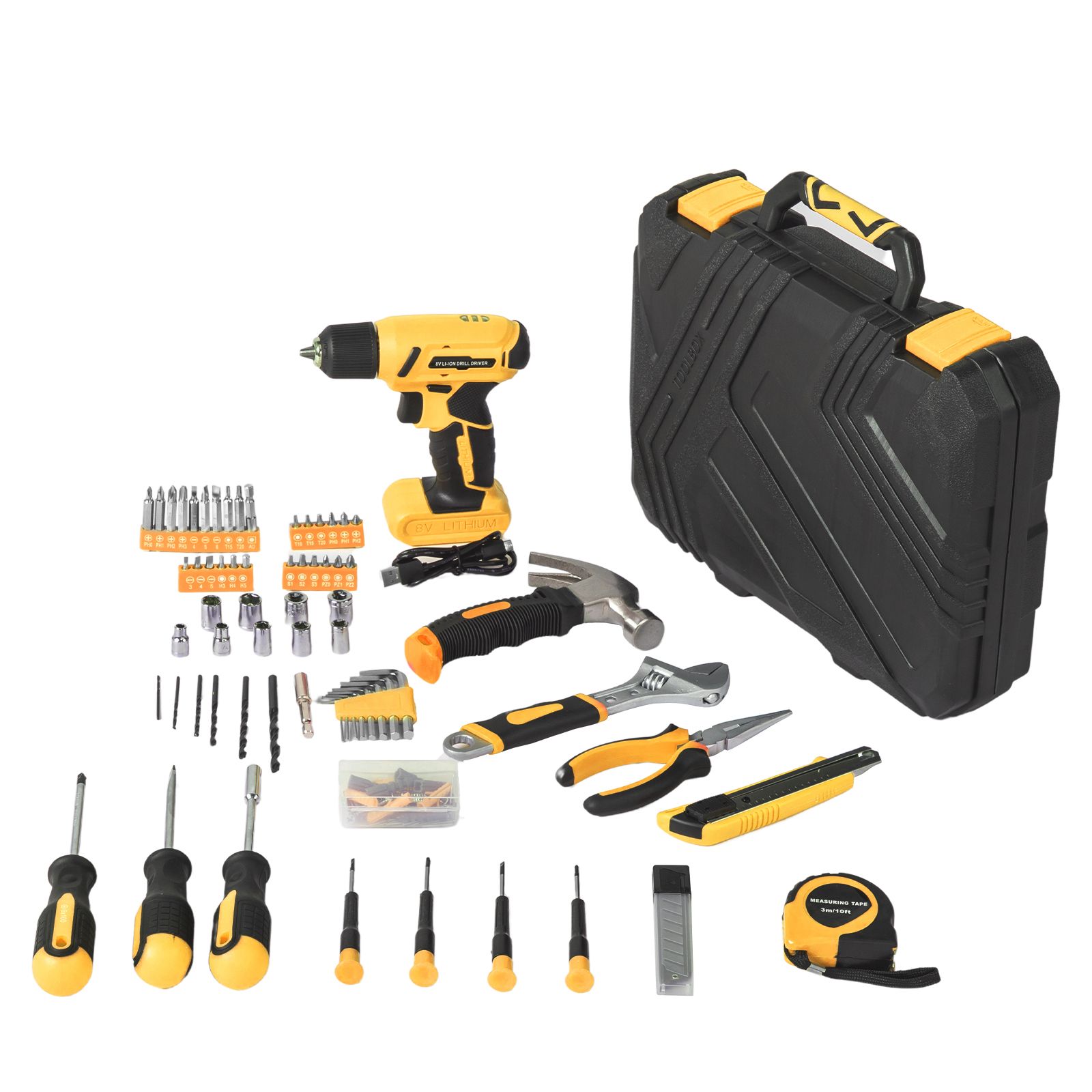 8V Yellow Cordless Drill Set 146 Piece Home Tool Kit for House Repair 64201288 Code Convenient Hand Tool Kit